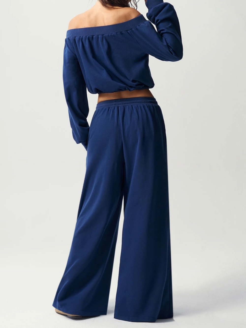 Solid Blue Off Shoulder Long Sleeve Top Wide Leg Pants Set - Picture 2 of 7
